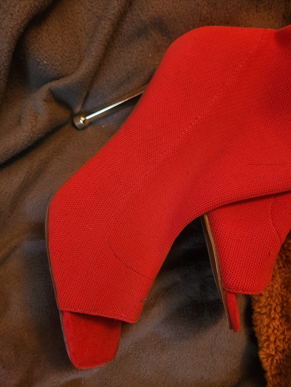 Red Women's High Heel Ankle Boots - Stretch Knit Peep Toe